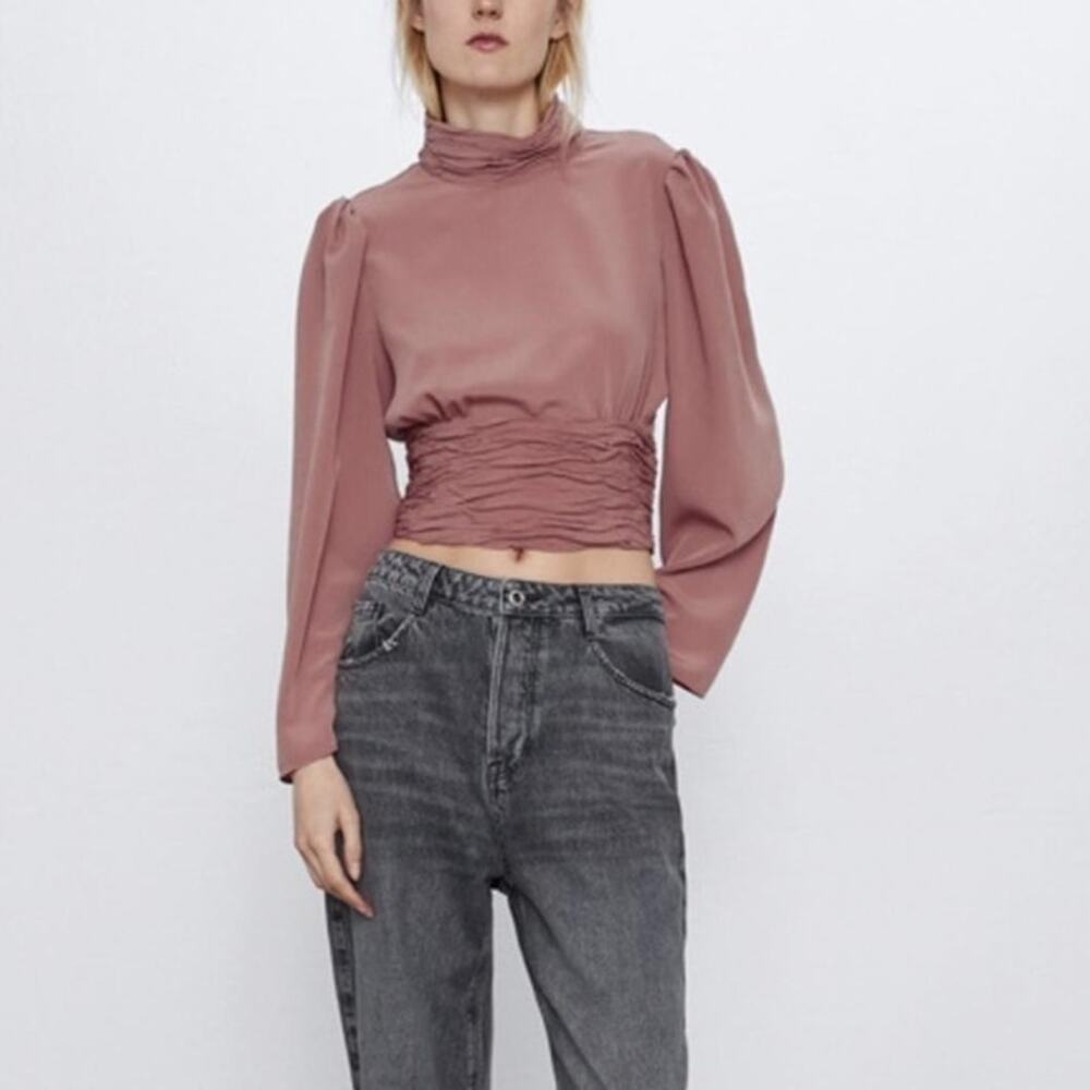 Zara Pink Smocked Blouse Women's Medium Mock Neck Open‎ Back Casual Chic Top